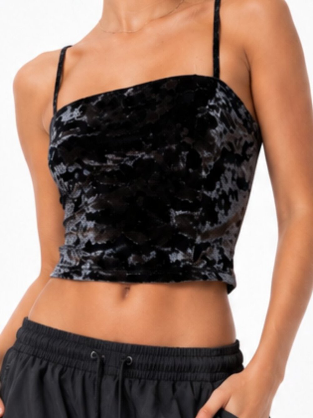 URBAN OUTFITTERS Black Crushed Velvet Stretch Crop Cami Tank Top Size XS